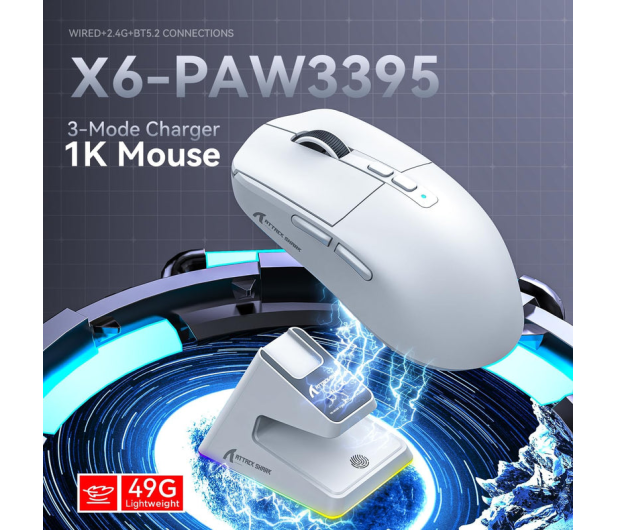 Attack Shark X6 Superlight PAW3395 Kailh czarna ze stacją ładującą 6972792470832 - 1349787 - zdjęcie 7